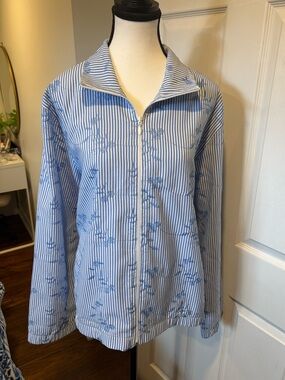Vintage Blue Pinstripe Floral Embroidered Zip Jacket Plus Size 18